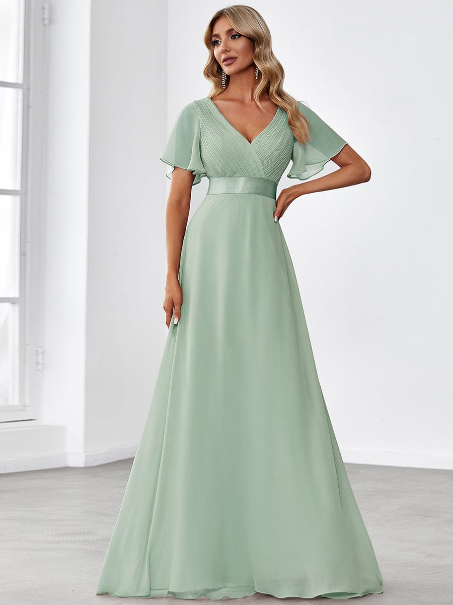 Custom Size V-neck Empire Waist Maxi Bridesmaid Dress with Short Sleeves #color_Mint Green