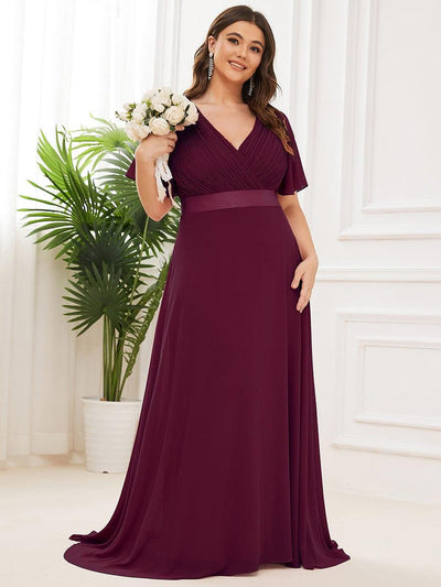 Flutter Sleeves Long Plus Size Bridesmaid Dress #color_Mulberry