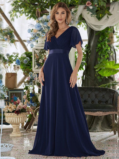 ever MONICA|Custom Size V-neck Empire Waist Maxi Bridesmaid Dress with Short Sleeves