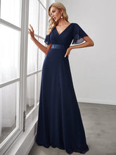 Empire Waist Floor Length Bridesmaid Dress with Short Flutter Sleeves #color_Navy Blue
