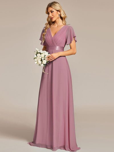 ever MONICA|High Waist Maxi Chiffon Bridesmaid Dress with Short Sleeves