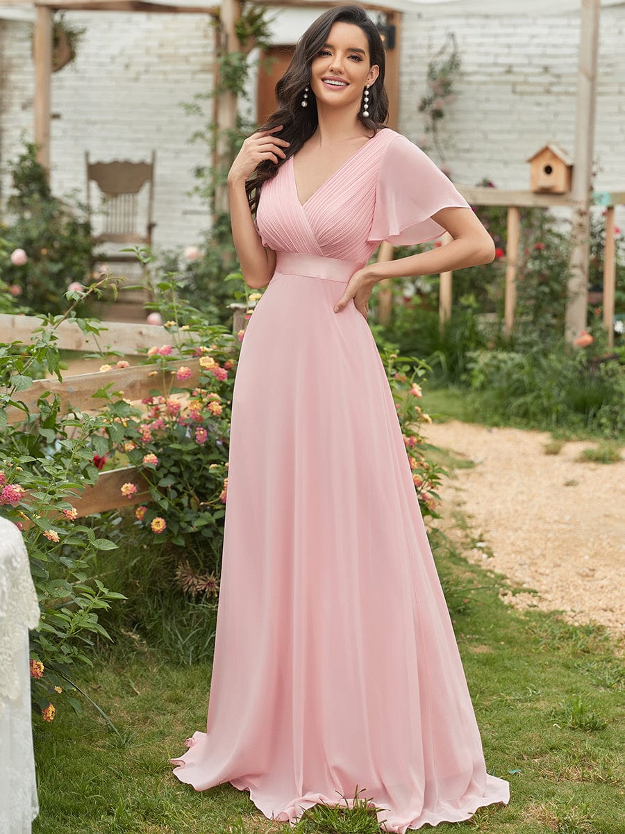 Custom Size V-neck Empire Waist Maxi Bridesmaid Dress with Short Sleeves #color_Pink