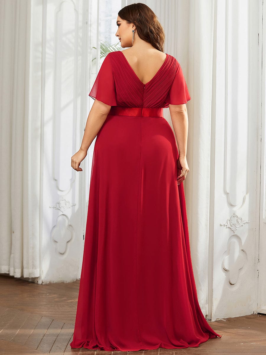 Flutter Sleeves Long Plus Size Bridesmaid Dress #color_Red