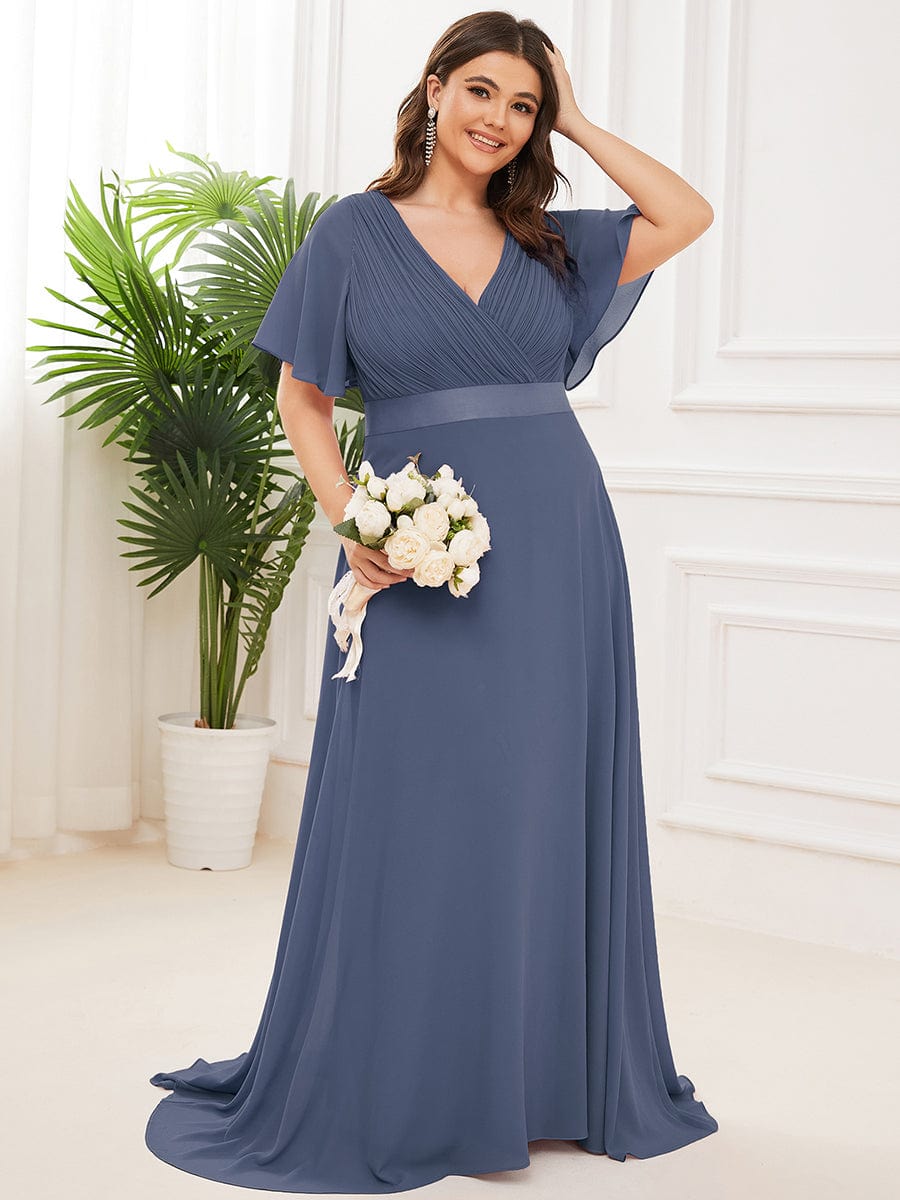 Flutter Sleeves Long Plus Size Bridesmaid Dress #color_Stormy