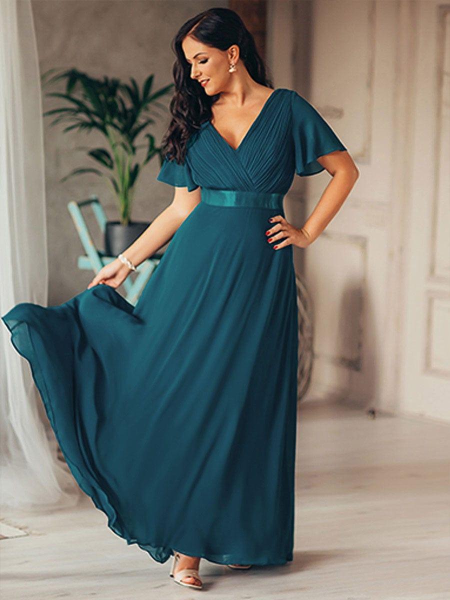 High Waist Maxi Chiffon Bridesmaid Dress with Short Sleeves