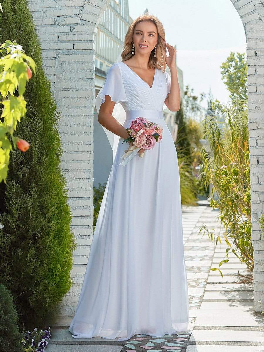 Minimalist A-Line Maxi Chiffon Wedding Dress with Satin Belt #color_White