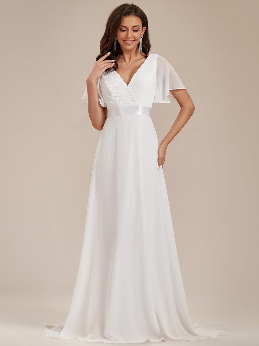 Empire Waist Floor Length Bridesmaid Dress with Short Flutter Sleeves