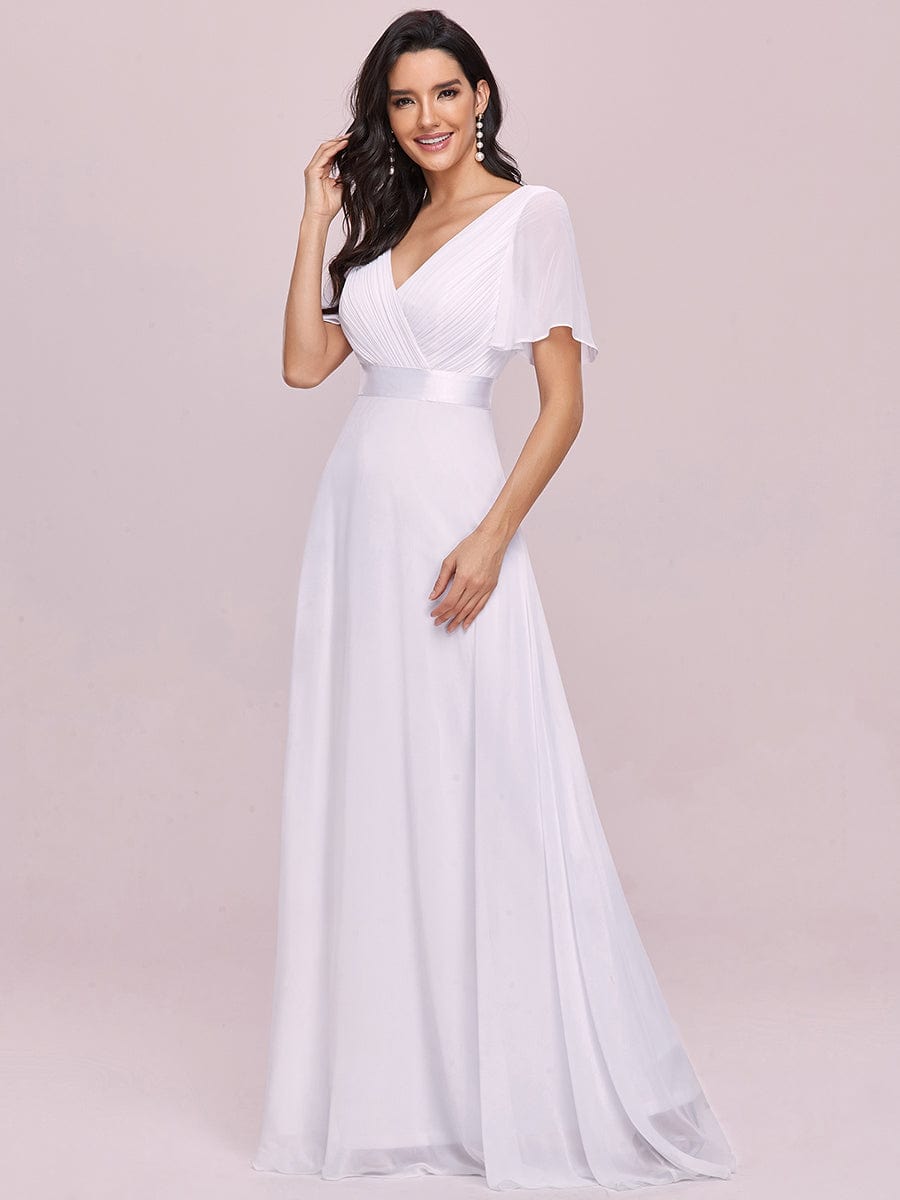 Custom Size V-neck Empire Waist Maxi Bridesmaid Dress with Short Sleeves #color_White