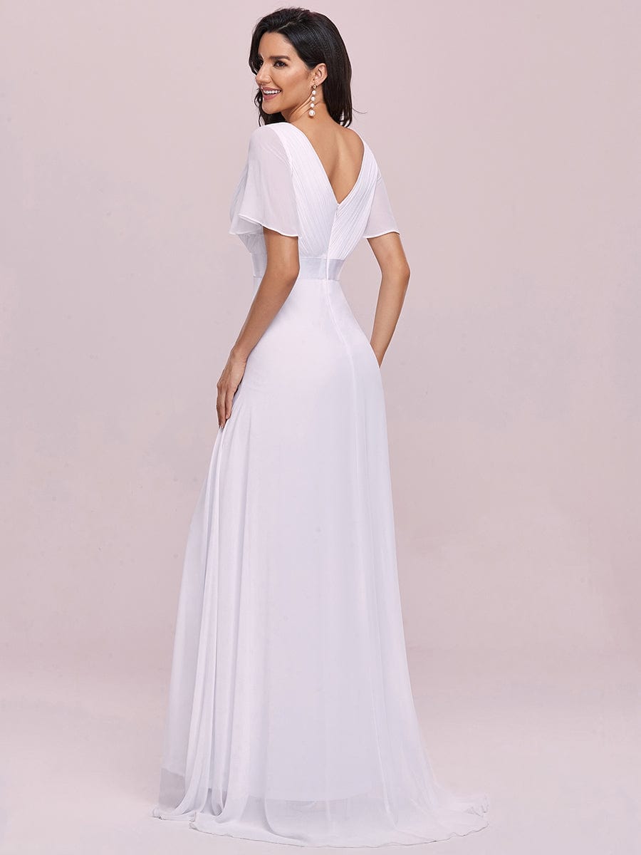 Custom Size V-neck Empire Waist Maxi Bridesmaid Dress with Short Sleeves #color_White