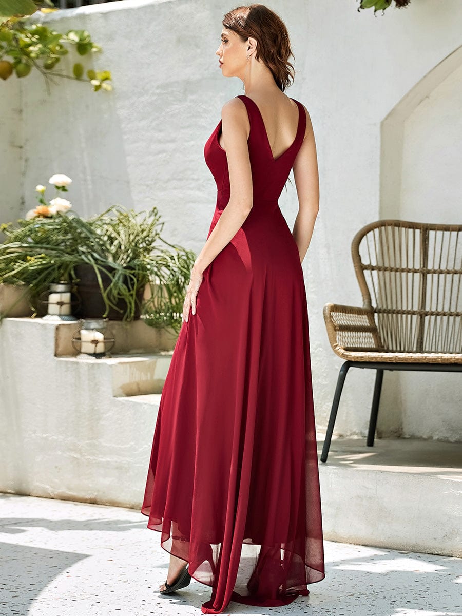 V-Neck High-Low Evening Dress #color_Burgundy