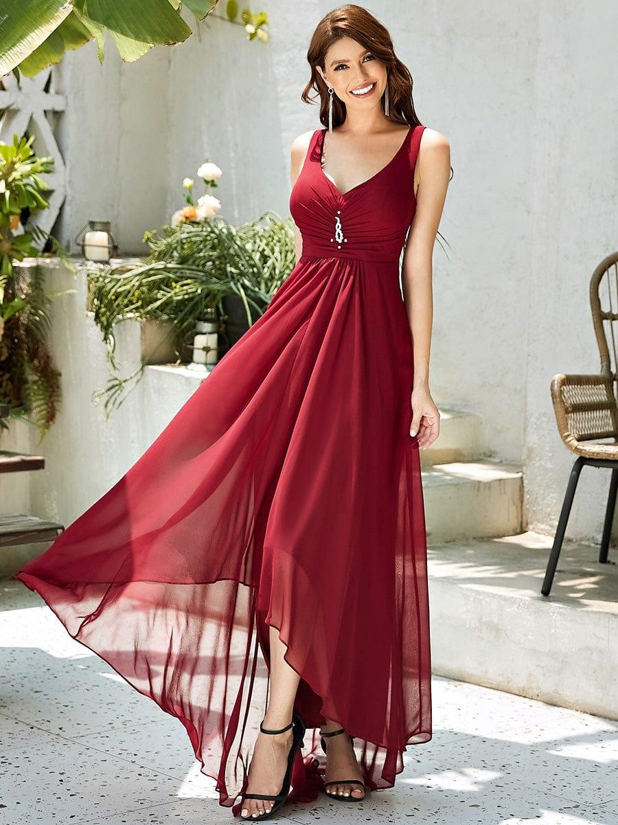 V-Neck High-Low Evening Dress #color_Burgundy