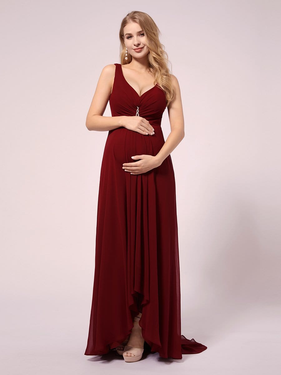 Double V-Neck High-Low Chiffon Maternity Dress #color_Burgundy