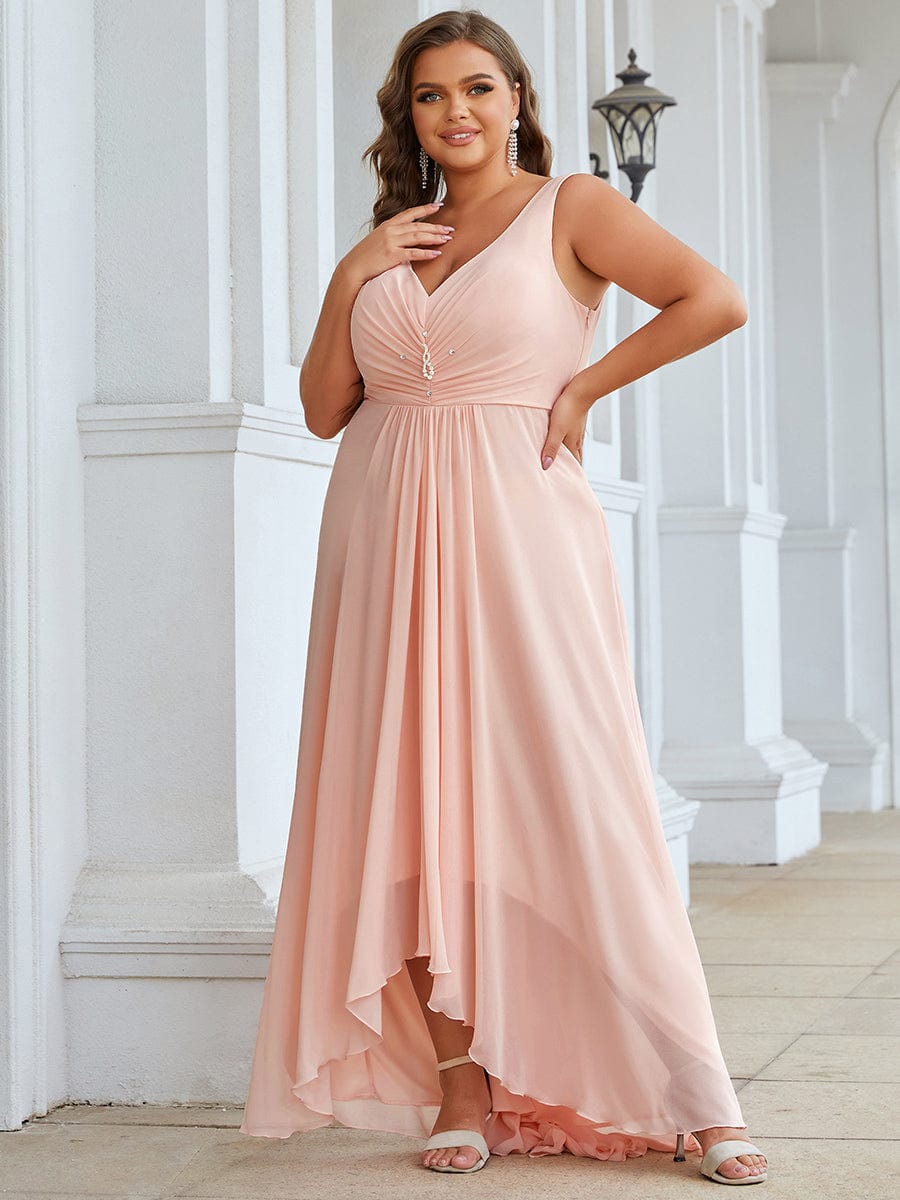 Plus Size Rhinestone V Neck High Low Party Dress #color_Pink