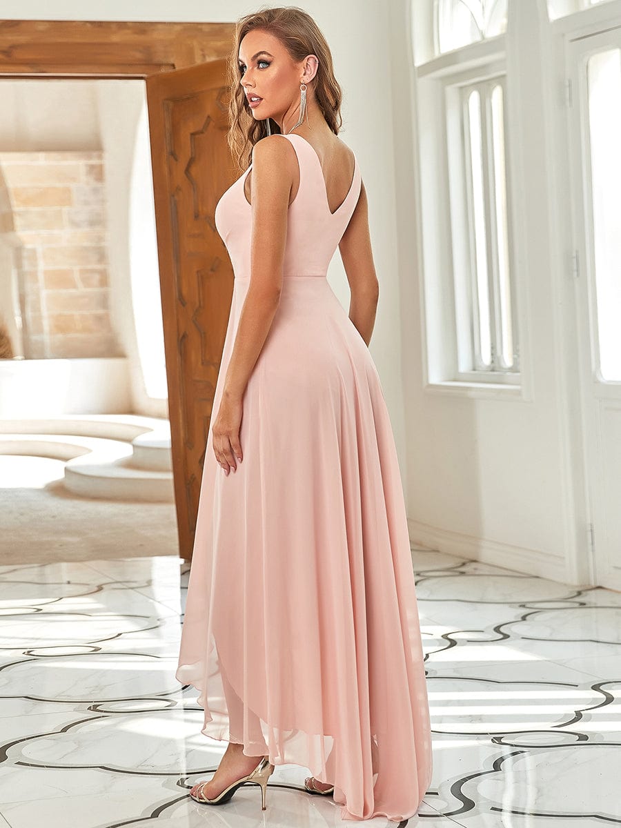 Custom Size V-Neck High-Low Chiffon Evening Dress #color_Pink