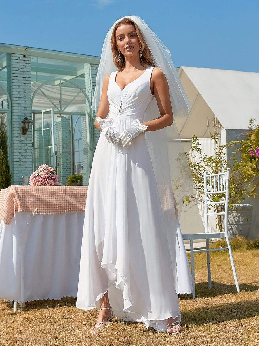 Simple V Neck Chiffon Wedding Dress with Asymmetric Hem #color_White