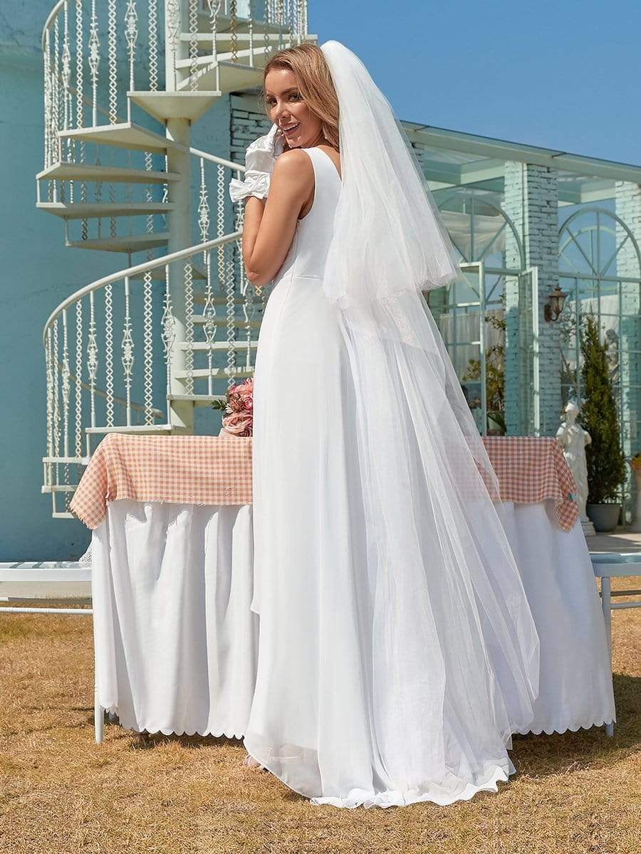 Simple V Neck Chiffon Wedding Dress with Asymmetric Hem #color_White