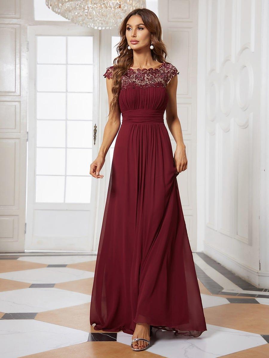 Maxi Long Lace Cap Sleeve Elegant Bridesmaid Dress #color_Burgundy