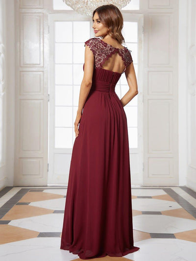 Maxi Long Lace Cap Sleeve Elegant Bridesmaid Dress #color_Burgundy