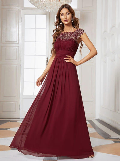 Maxi Long Lace Cap Sleeve Elegant Bridesmaid Dress #color_Burgundy