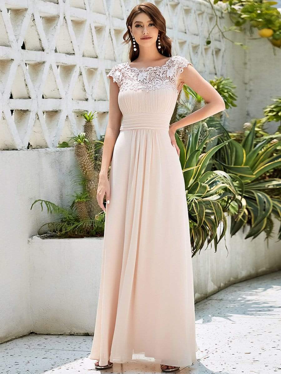 Maxi Long Lace Cap Sleeve Elegant Bridesmaid Dress #color_Blush
