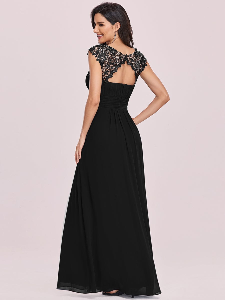 Maxi Long Lace Cap Sleeve Elegant Bridesmaid Dress #color_Black