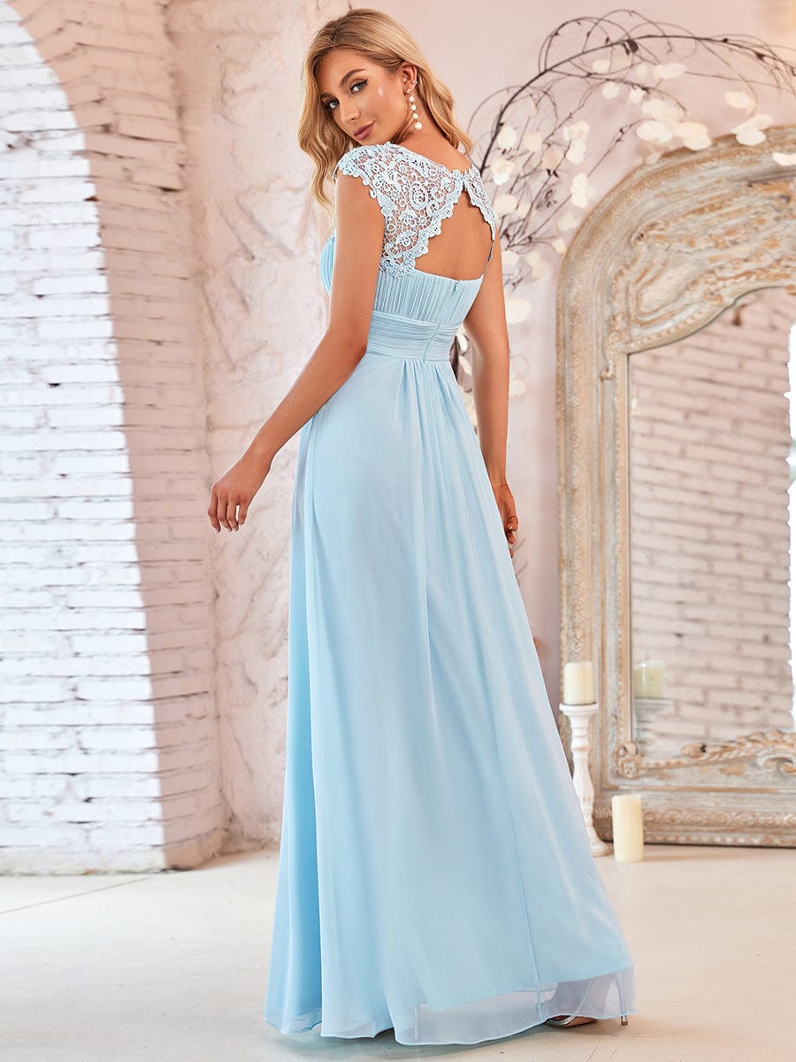 Custom Size Elegant Maxi Long Lace Cap Sleeve Bridesmaid Dress #color_Sky Blue