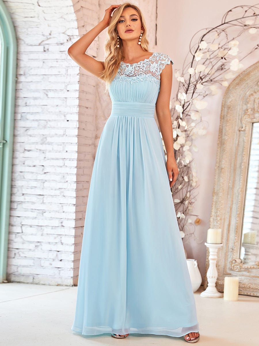 Custom Size Elegant Maxi Long Lace Cap Sleeve Bridesmaid Dress #color_Sky Blue