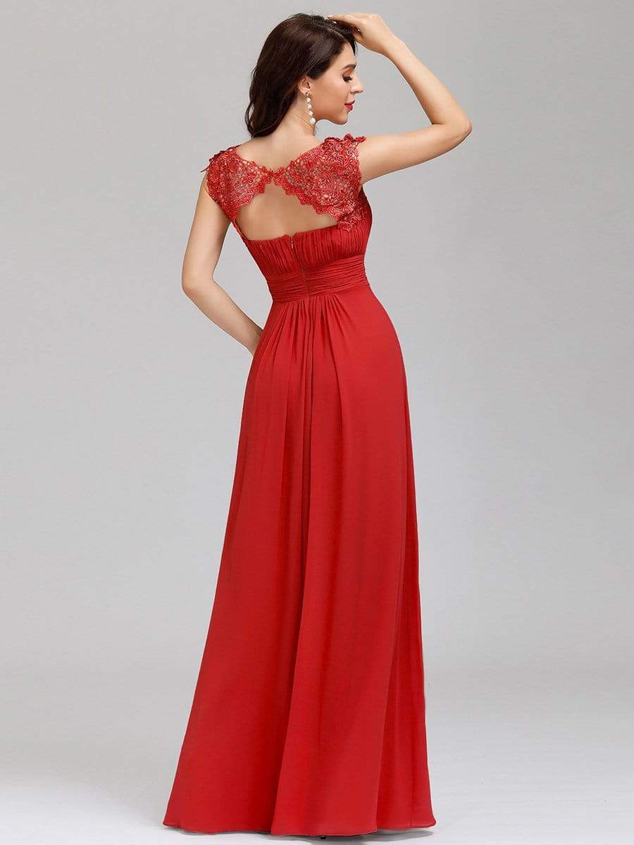 Maxi Long Lace Cap Sleeve Elegant Bridesmaid Dress #color_Red