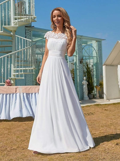 Plain Pleated Chiffon Wedding Dress with Lace Decorations #color_White