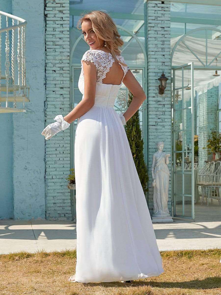 Plain Pleated Chiffon Wedding Dress with Lace Decorations #color_White