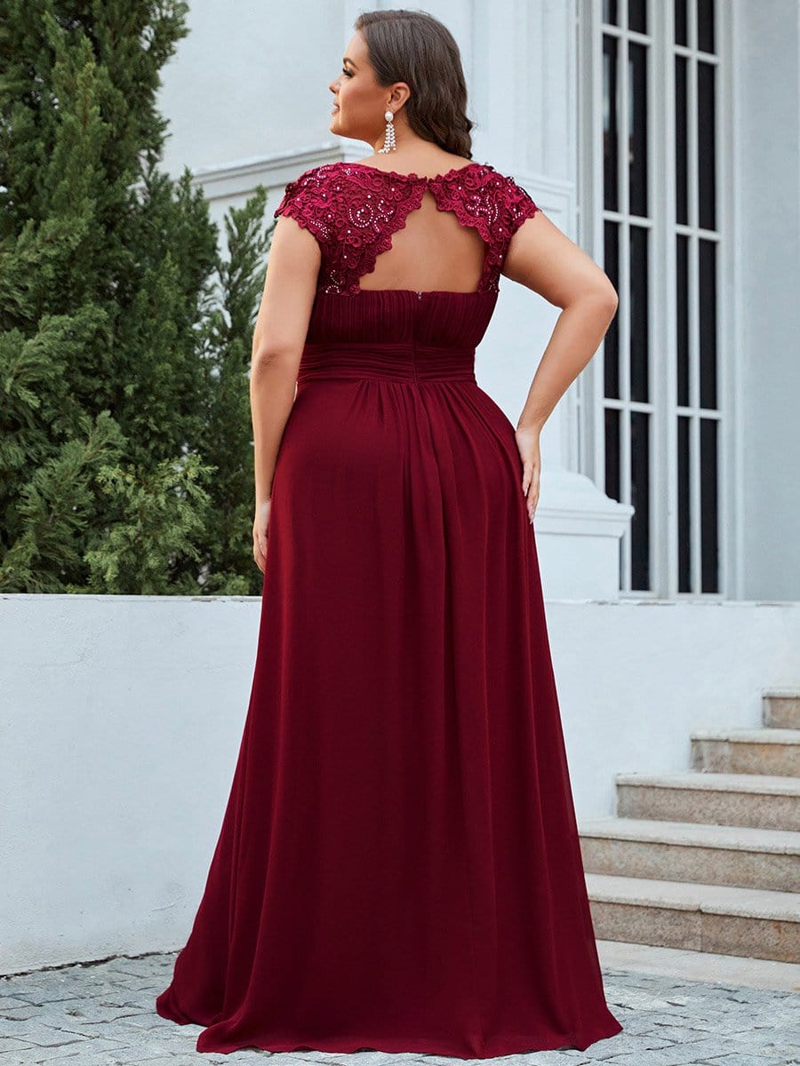 Plus Size Lace Cap Sleeve Elegant Maxi Bridesmaid Dress #color_Burgundy