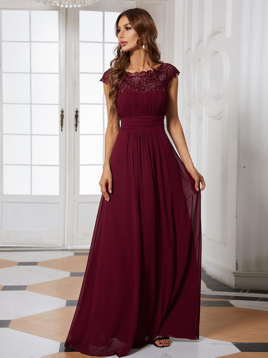 Custom Size Elegant Maxi Long Lace Cap Sleeve Bridesmaid Dress #color_Burgundy