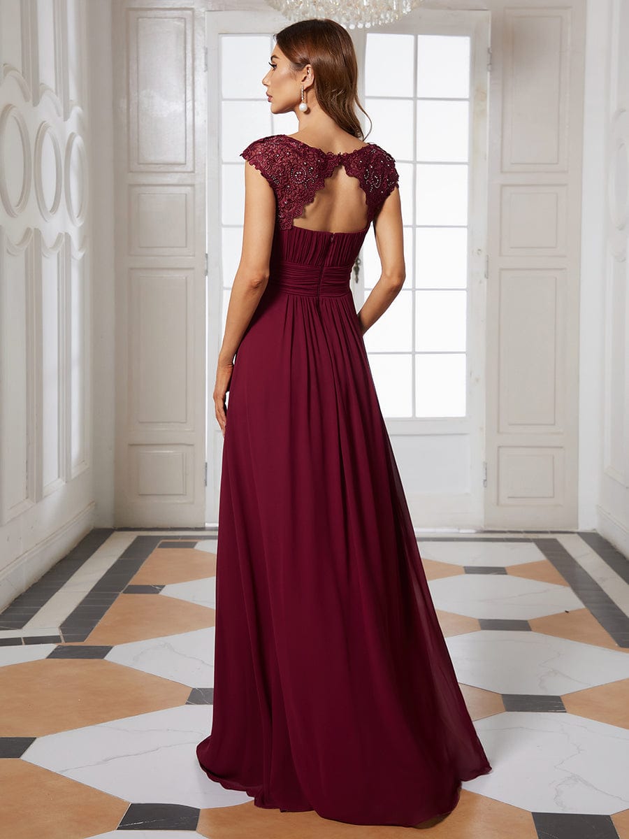 Custom Size Elegant Maxi Long Lace Cap Sleeve Bridesmaid Dress #color_Burgundy