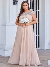 Plus Size Elegant Lace Short Sleeves Long Bridesmaid Dress #color_Blush