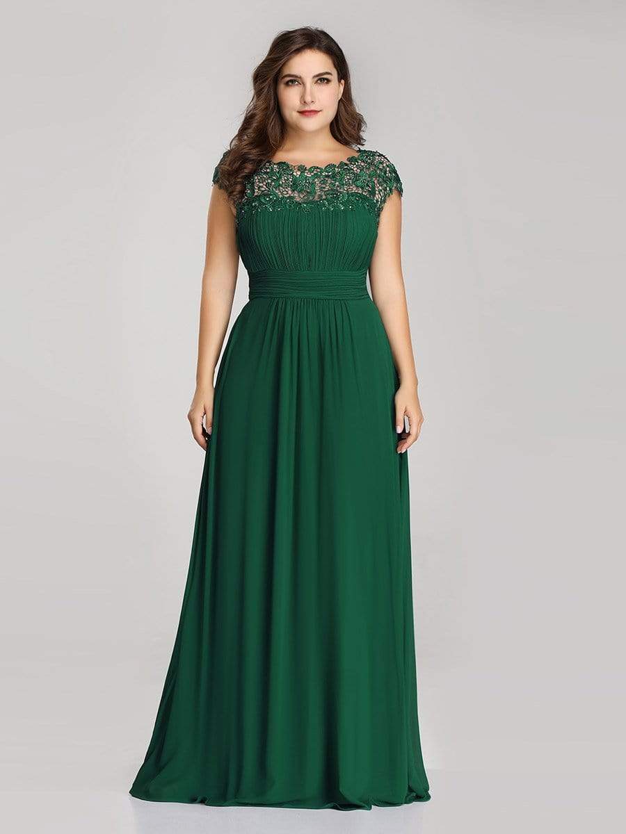 Plus Size Elegant Lace Short Sleeves Long Bridesmaid Dress #color_Dark Green