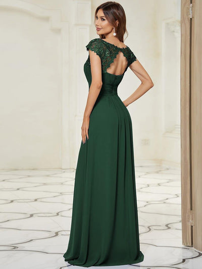 Maxi Long Lace Cap Sleeve Elegant Bridesmaid Dress #color_Dark Green