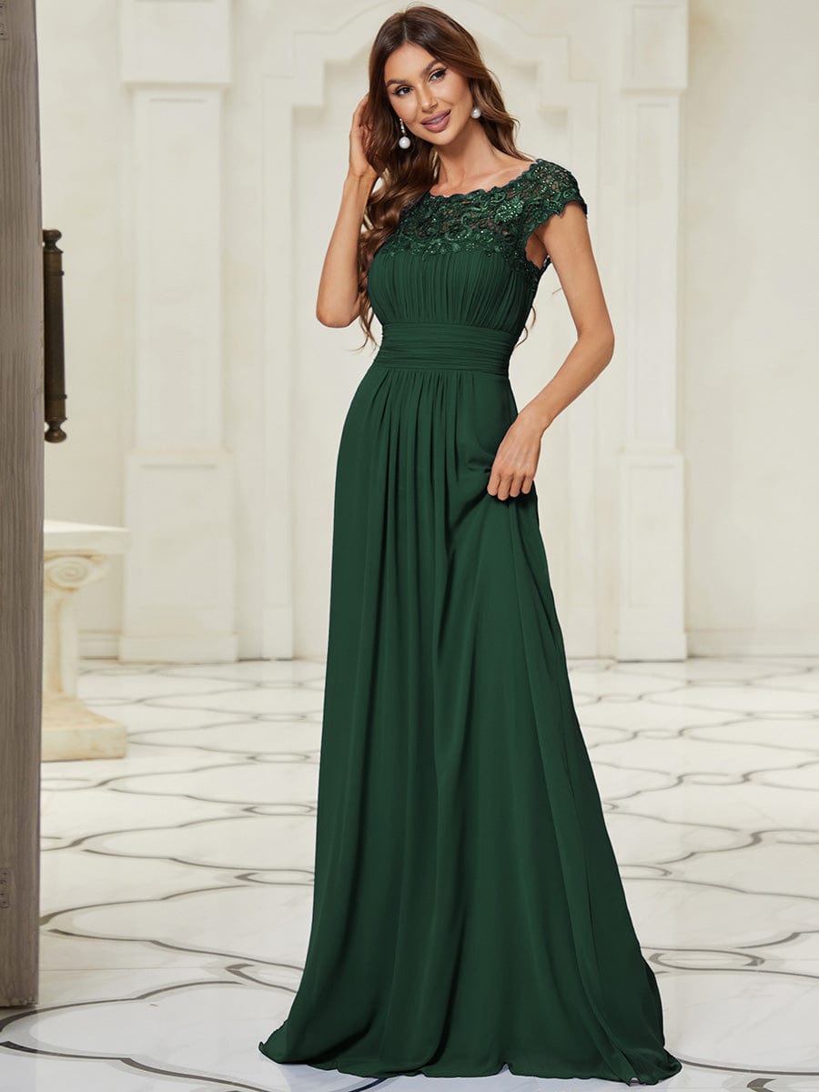 Elegant Maxi Long Lace Cap Sleeve Bridesmaid Dress