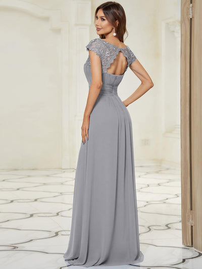 Maxi Long Lace Cap Sleeve Elegant Bridesmaid Dress #color_Grey