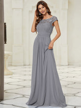 Elegant Maxi Long Lace Cap Sleeve Bridesmaid Dress #color_Grey