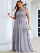 Plus Size Elegant Lace Short Sleeves Long Bridesmaid Dress #color_Grey