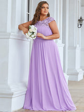 Plus Size Lace Cap Sleeve Elegant Maxi Bridesmaid Dress #color_Lavender