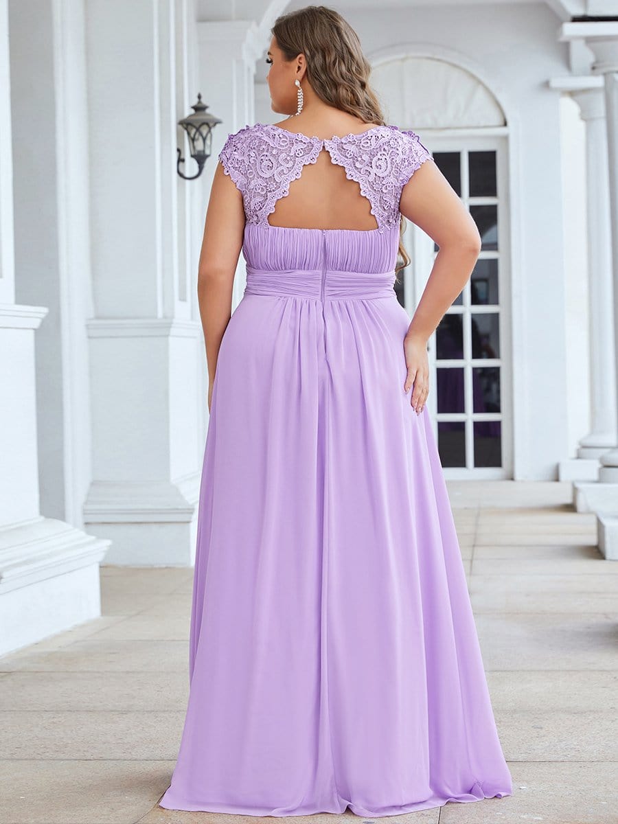 Plus Size Lace Cap Sleeve Elegant Maxi Bridesmaid Dress #color_Lavender