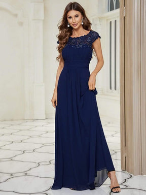 Flattering A Line Chiffon Lace Evening Dress for Wedding with Cap Sleeve