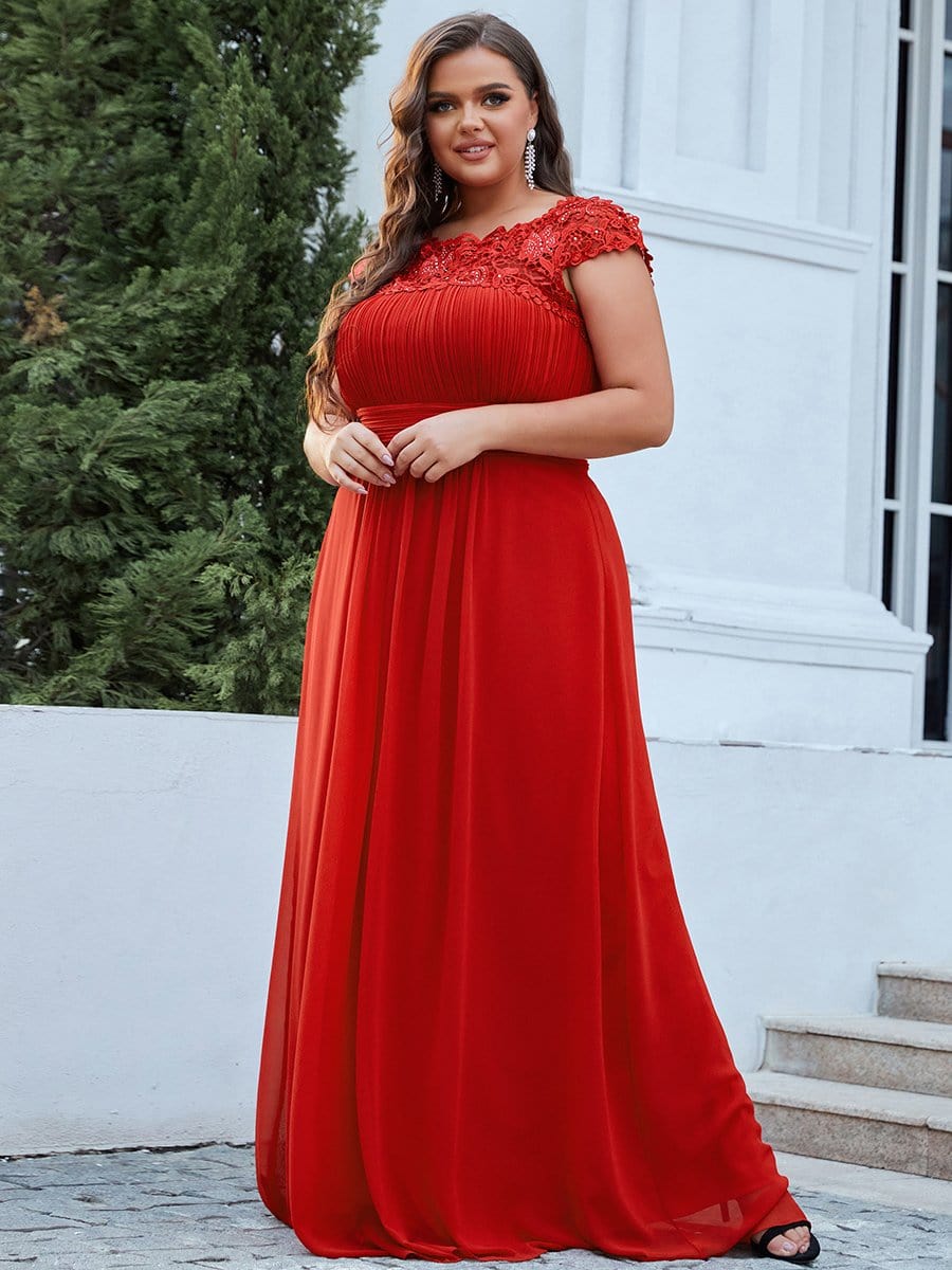 Plus Size Lace Cap Sleeve Elegant Maxi Bridesmaid Dress #color_Red