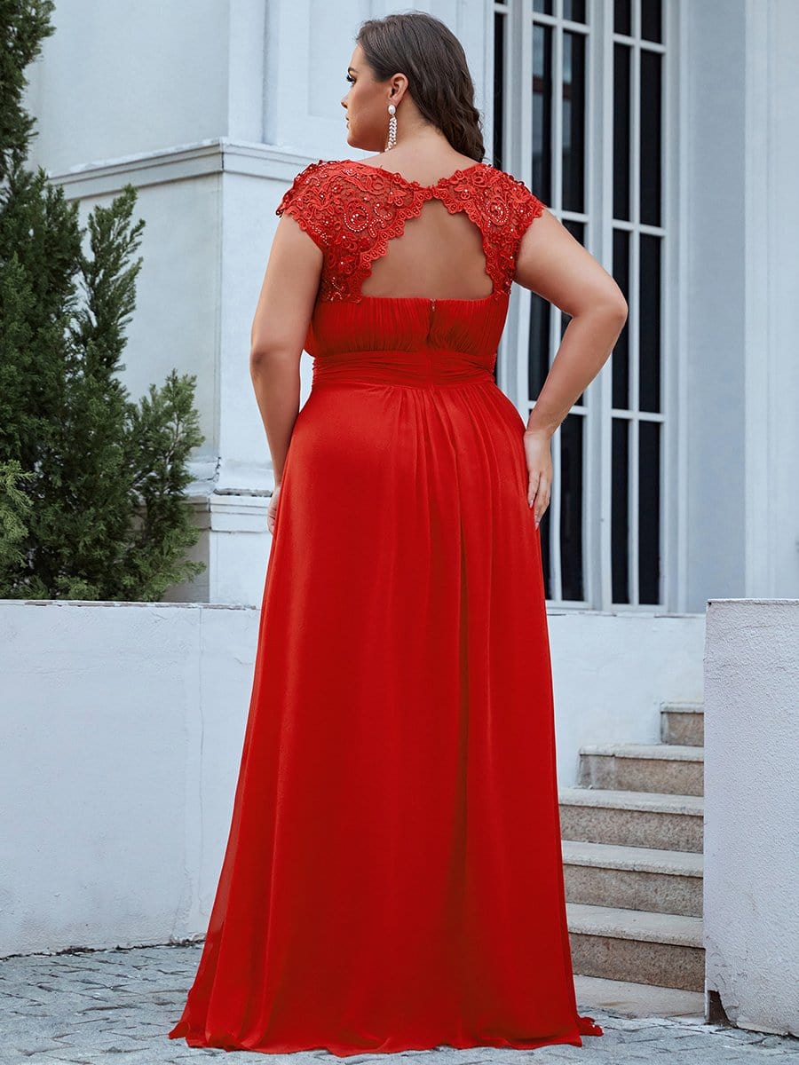 Plus Size Lace Cap Sleeve Elegant Maxi Bridesmaid Dress #color_Red