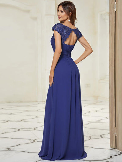 Maxi Long Lace Cap Sleeve Elegant Bridesmaid Dress #color_Sapphire Blue