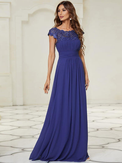 Maxi Long Lace Cap Sleeve Elegant Bridesmaid Dress #color_Sapphire Blue