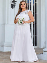 Plus Size Lace Cap Sleeve Elegant Maxi Bridesmaid Dress #color_White