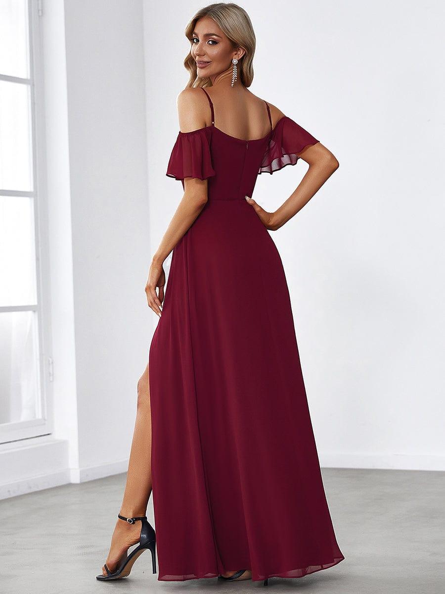 Custom Size Cold-Shoulder Floor Length Bridesmaid Dress with Side Slit #color_Burgundy