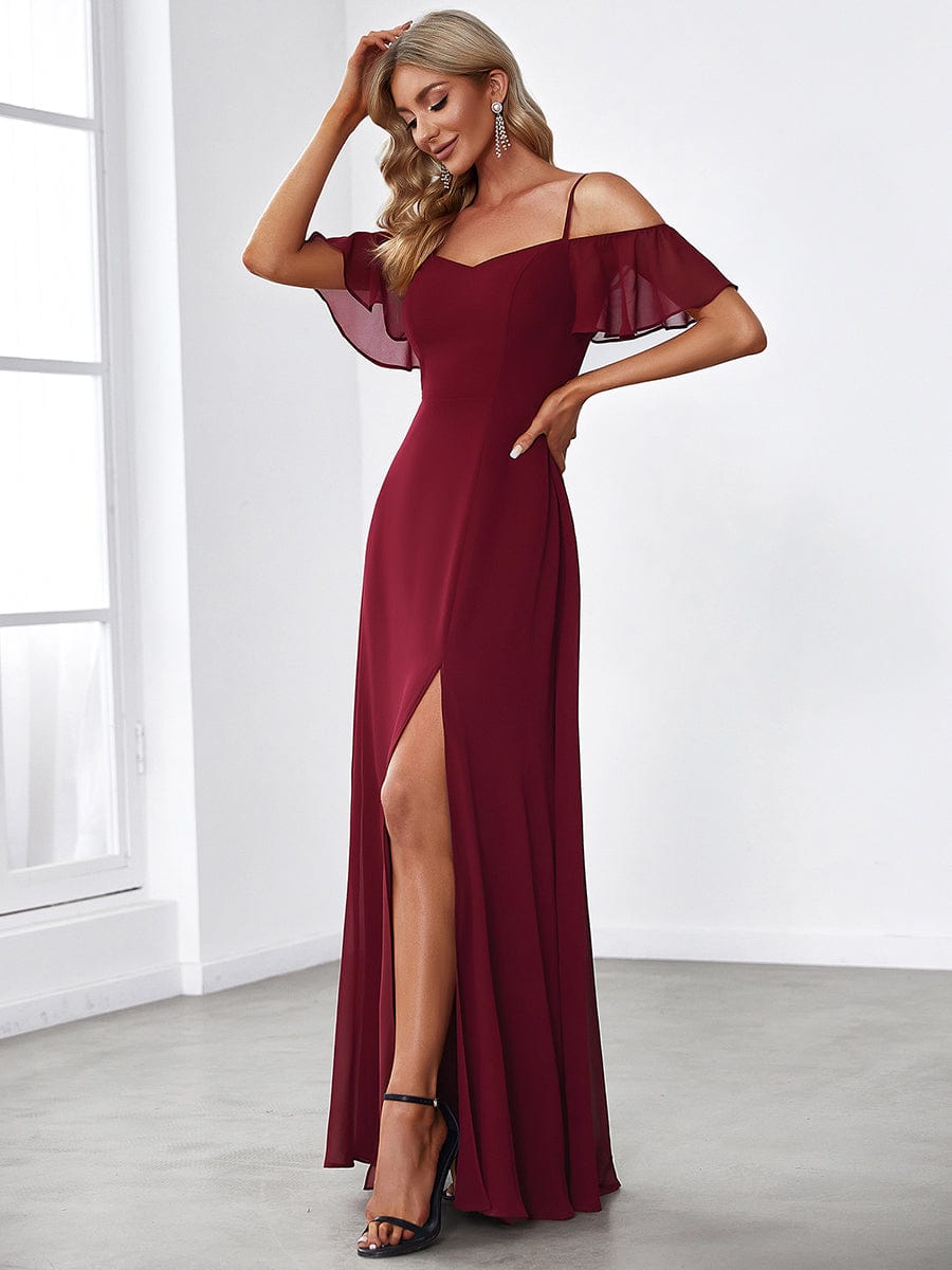 Custom Size Cold-Shoulder Floor Length Bridesmaid Dress with Side Slit #color_Burgundy
